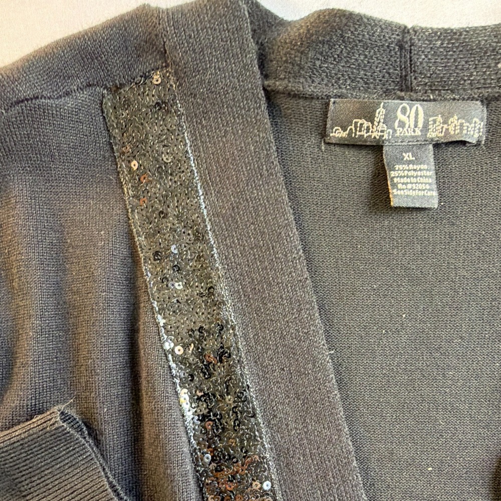 80 Park Women's XL Black Solid Knit Open Front Sequin Trim 3/4 Cardigan